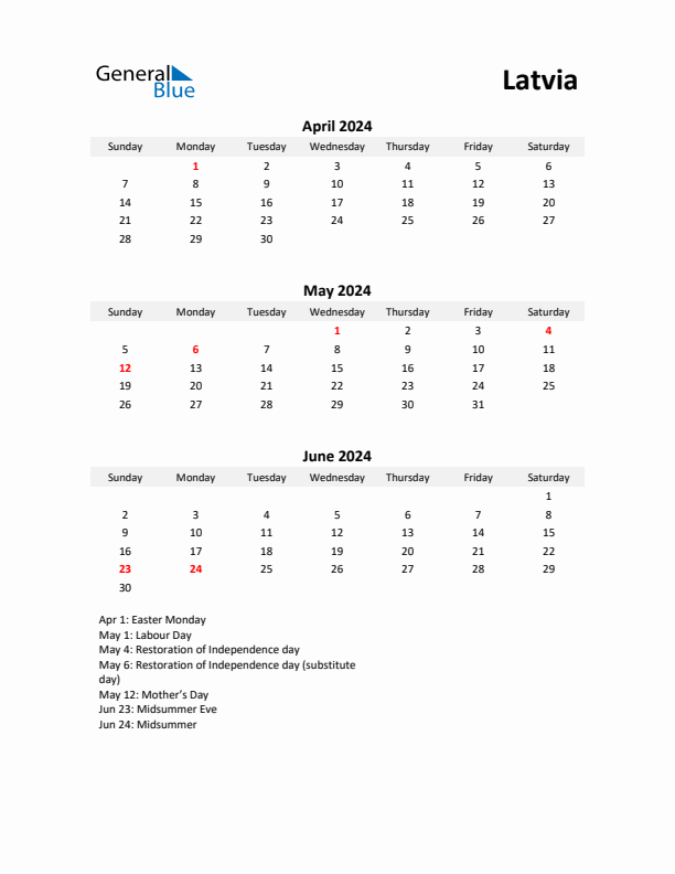 Printable Quarterly Calendar with Notes and Latvia Holidays- Q2 of 2024