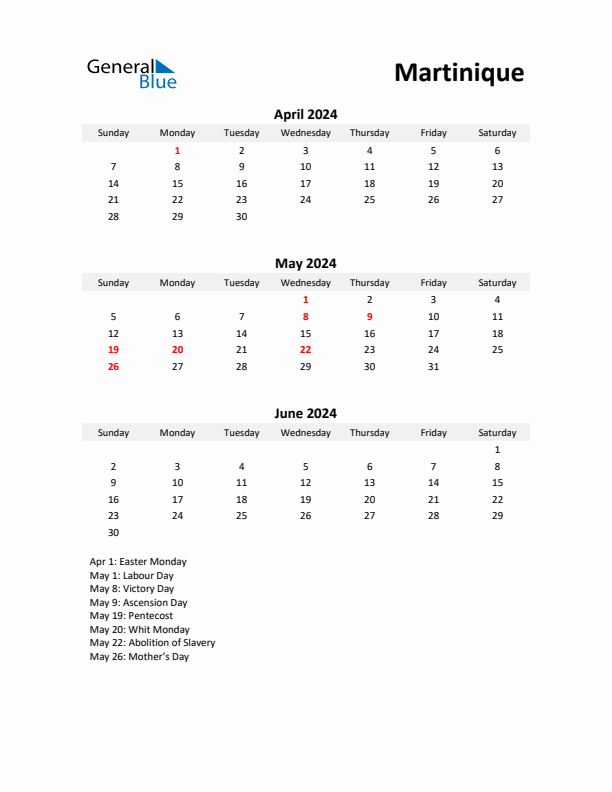 Printable Quarterly Calendar with Notes and Martinique Holidays- Q2 of 2024