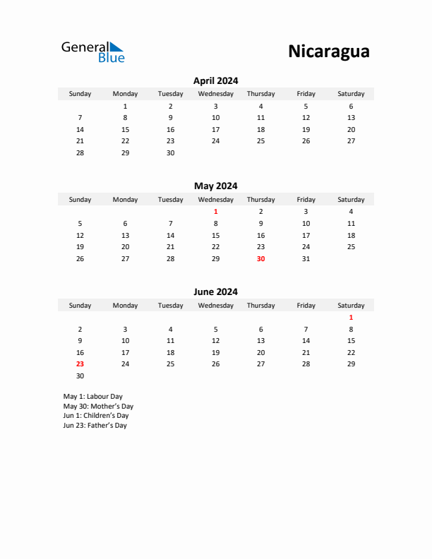 Printable Quarterly Calendar with Notes and Nicaragua Holidays- Q2 of 2024