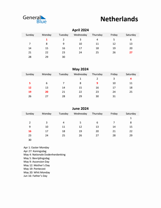 Printable Quarterly Calendar with Notes and The Netherlands Holidays- Q2 of 2024