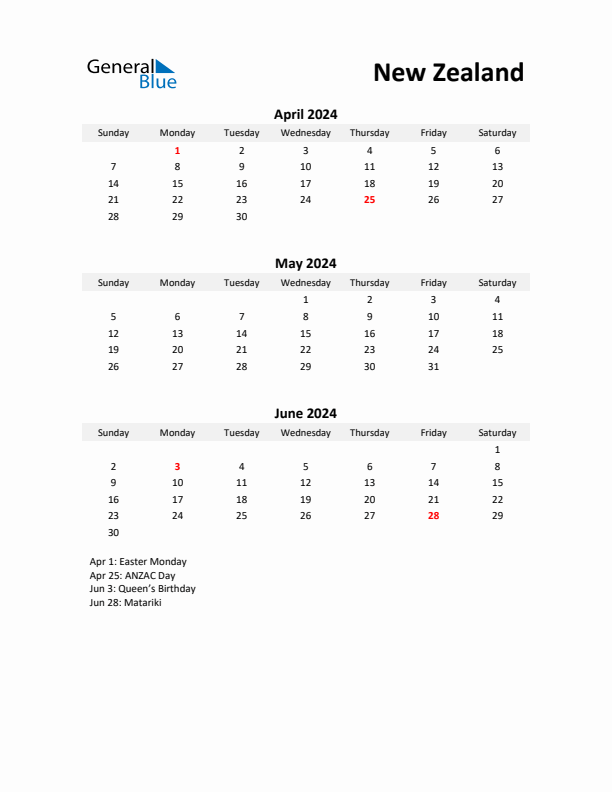 Printable Quarterly Calendar with Notes and New Zealand Holidays- Q2 of 2024