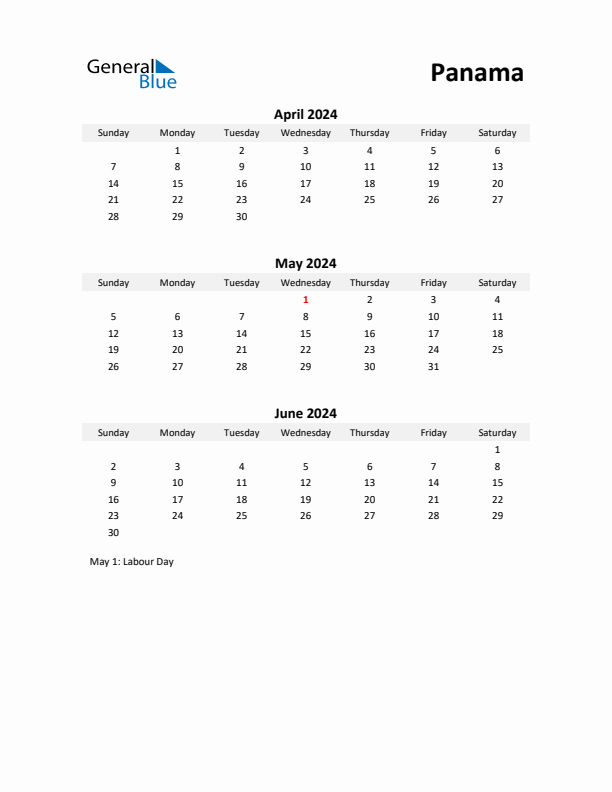 Printable Quarterly Calendar with Notes and Panama Holidays- Q2 of 2024