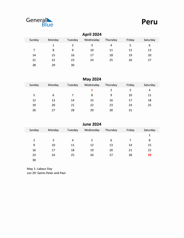 Printable Quarterly Calendar with Notes and Peru Holidays- Q2 of 2024