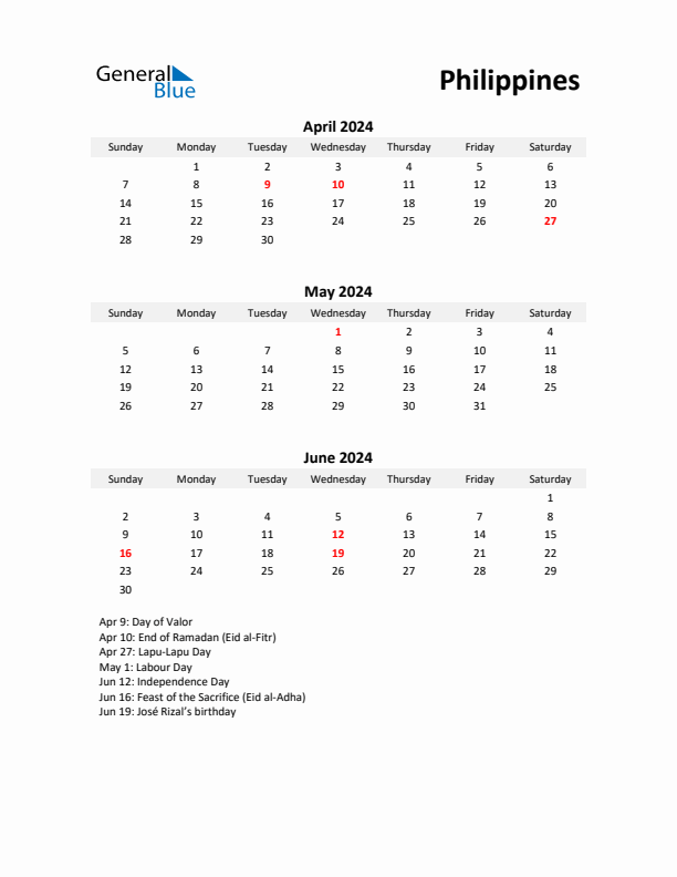 Printable Quarterly Calendar with Notes and Philippines Holidays- Q2 of 2024