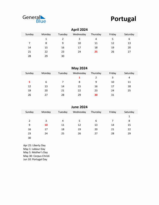 Printable Quarterly Calendar with Notes and Portugal Holidays- Q2 of 2024