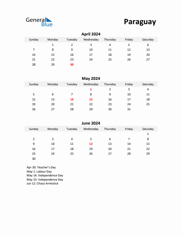 Printable Quarterly Calendar with Notes and Paraguay Holidays- Q2 of 2024