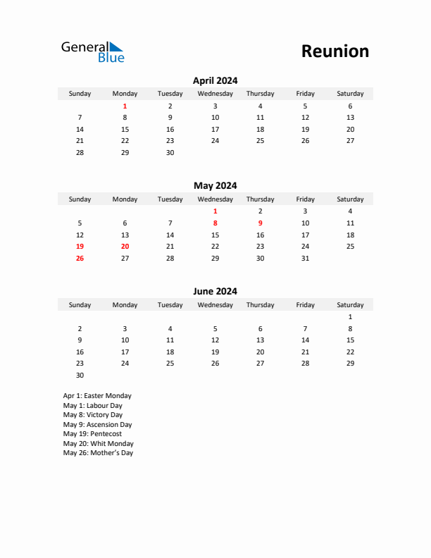 Printable Quarterly Calendar with Notes and Reunion Holidays- Q2 of 2024