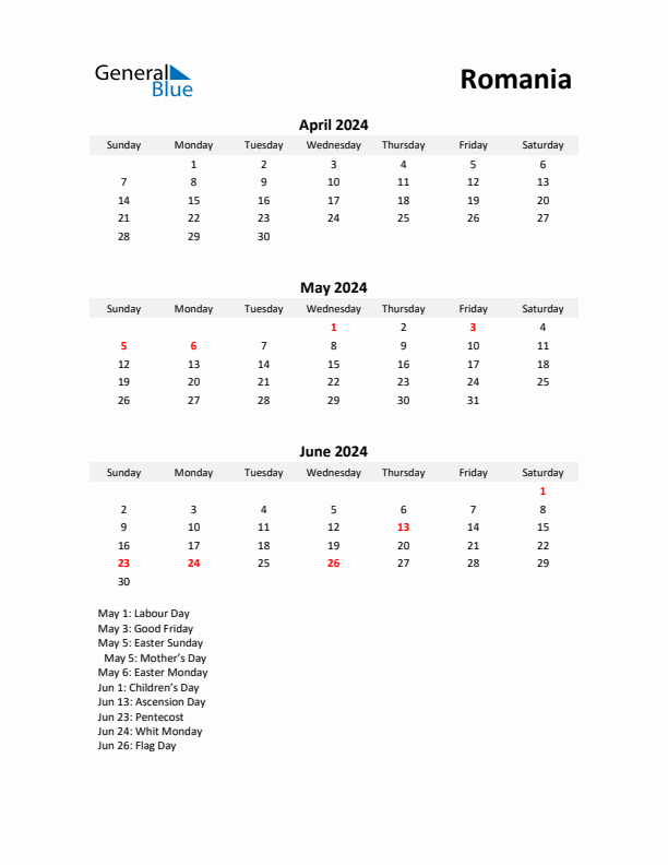 Printable Quarterly Calendar with Notes and Romania Holidays- Q2 of 2024