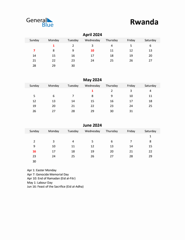 Printable Quarterly Calendar with Notes and Rwanda Holidays- Q2 of 2024