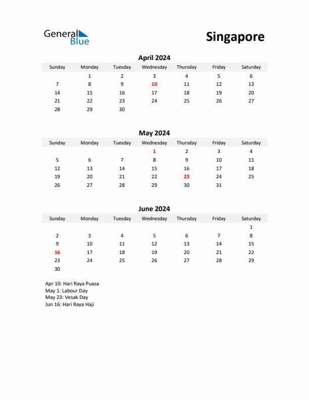 Printable Quarterly Calendar with Notes and Singapore Holidays- Q2 of 2024