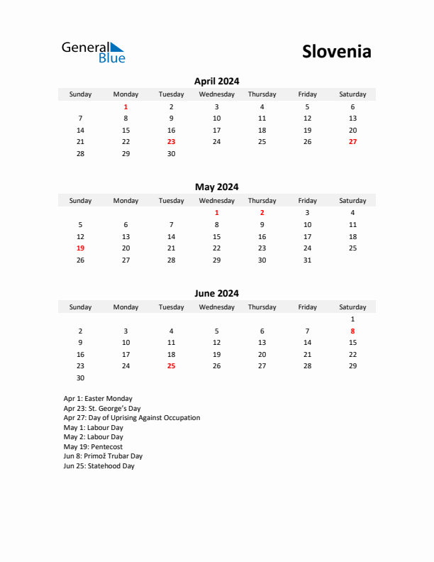 Printable Quarterly Calendar with Notes and Slovenia Holidays- Q2 of 2024