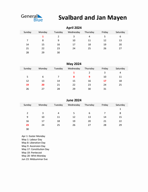 Printable Quarterly Calendar with Notes and Svalbard and Jan Mayen Holidays- Q2 of 2024