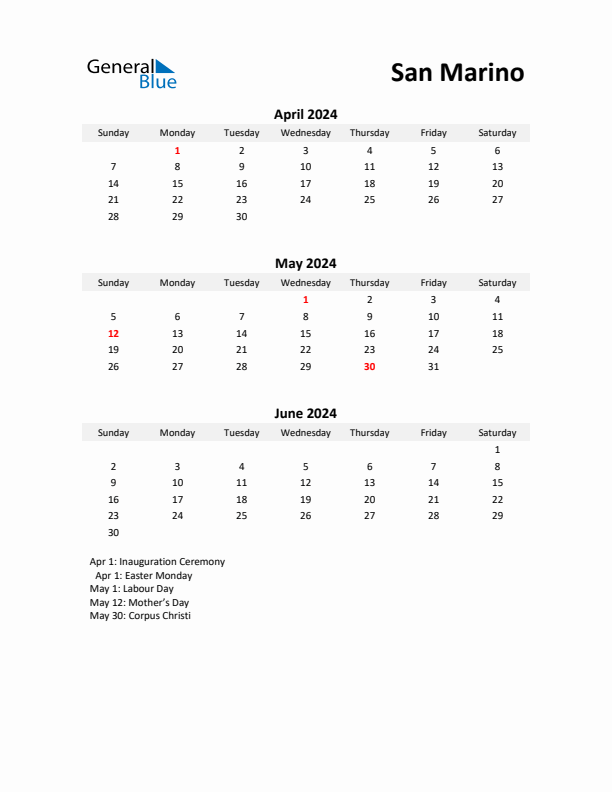 Printable Quarterly Calendar with Notes and San Marino Holidays- Q2 of 2024