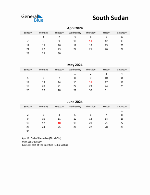 Printable Quarterly Calendar with Notes and South Sudan Holidays- Q2 of 2024