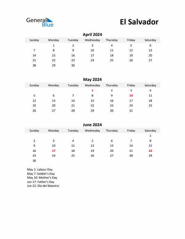 Printable Quarterly Calendar with Notes and El Salvador Holidays- Q2 of 2024