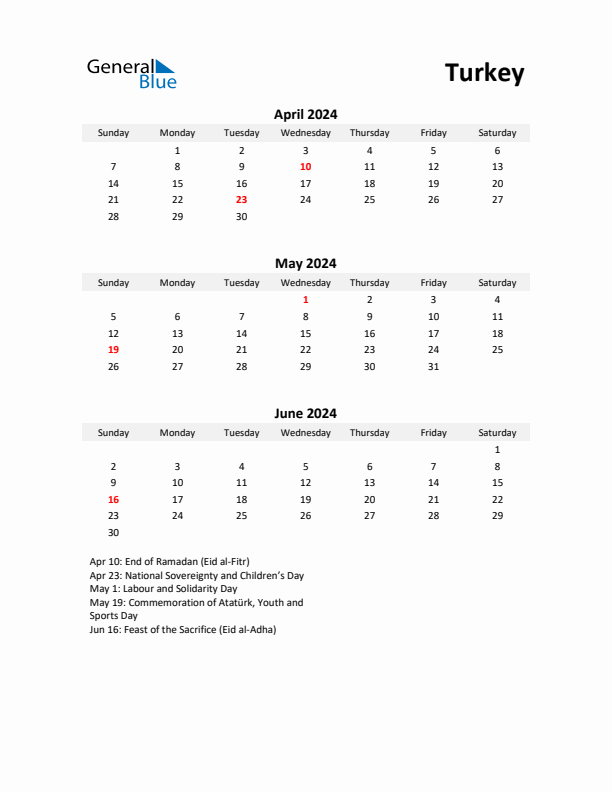 Printable Quarterly Calendar with Notes and Turkey Holidays- Q2 of 2024