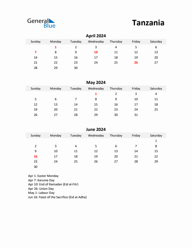 Printable Quarterly Calendar with Notes and Tanzania Holidays- Q2 of 2024