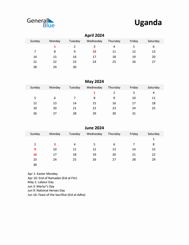 Printable Quarterly Calendar with Notes and Uganda Holidays- Q2 of 2024