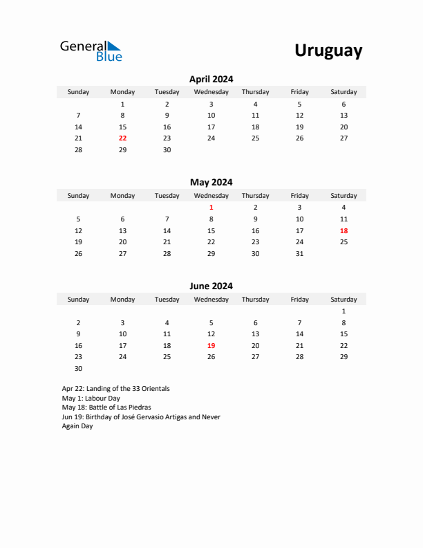 Printable Quarterly Calendar with Notes and Uruguay Holidays- Q2 of 2024