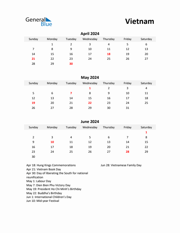 Printable Quarterly Calendar with Notes and Vietnam Holidays- Q2 of 2024