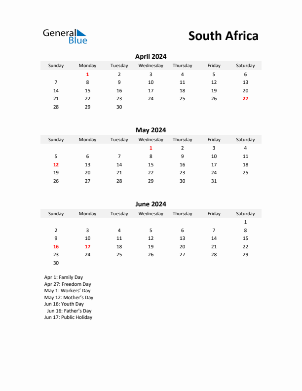 Printable Quarterly Calendar with Notes and South Africa Holidays- Q2 of 2024