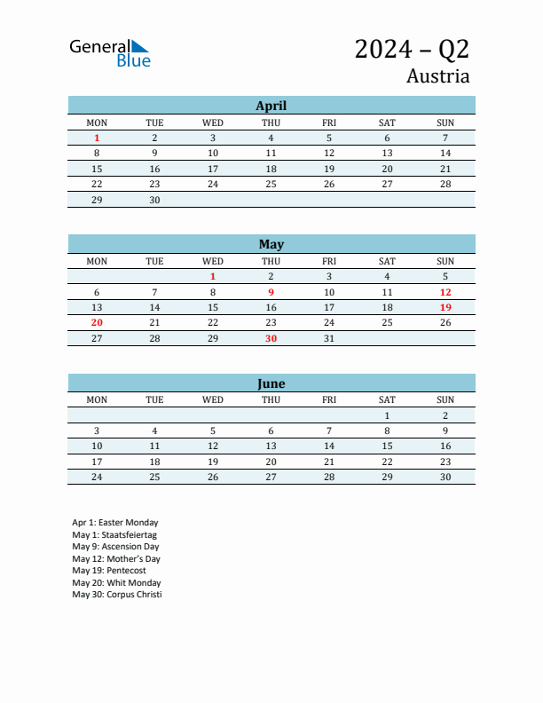 Three-Month Planner for Q2 2024 with Holidays - Austria