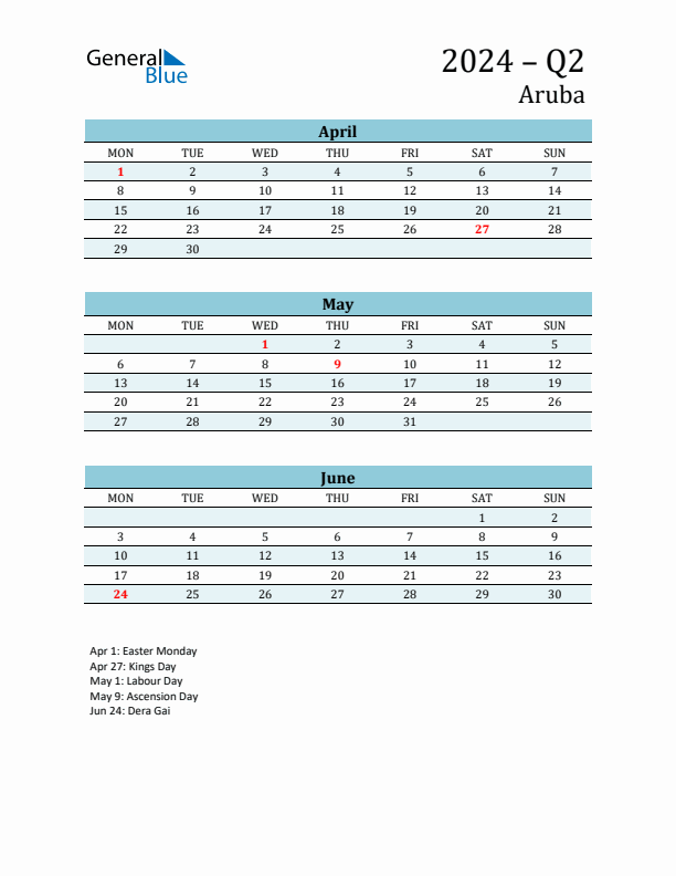 Three-Month Planner for Q2 2024 with Holidays - Aruba