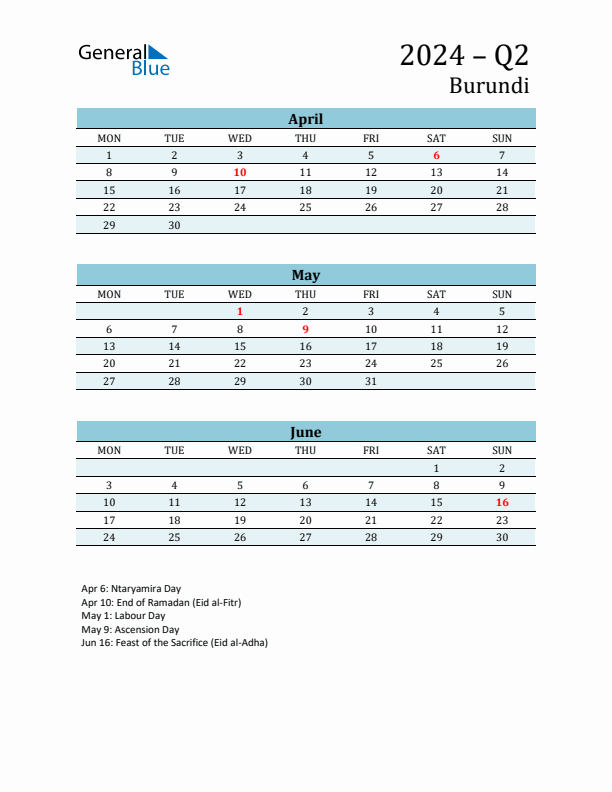 Three-Month Planner for Q2 2024 with Holidays - Burundi