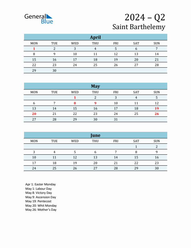 Three-Month Planner for Q2 2024 with Holidays - Saint Barthelemy