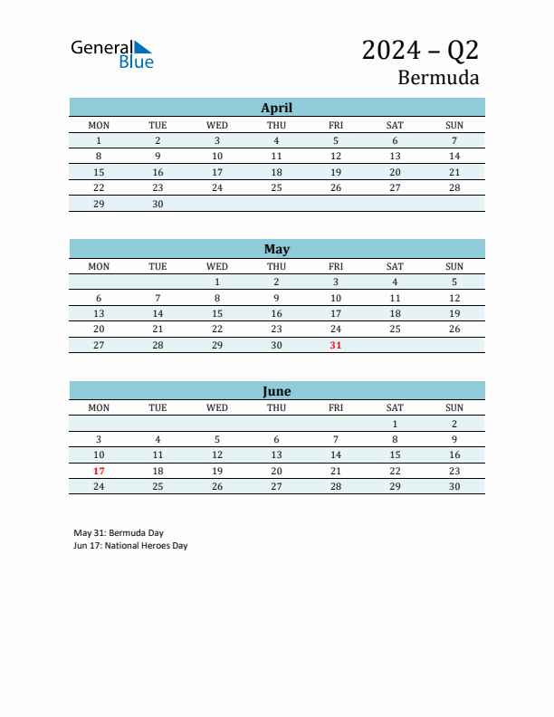 Three-Month Planner for Q2 2024 with Holidays - Bermuda