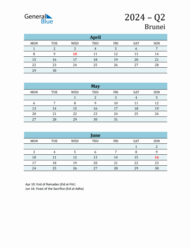 Three-Month Planner for Q2 2024 with Holidays - Brunei