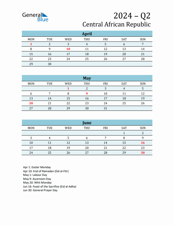 Three-Month Planner for Q2 2024 with Holidays - Central African Republic