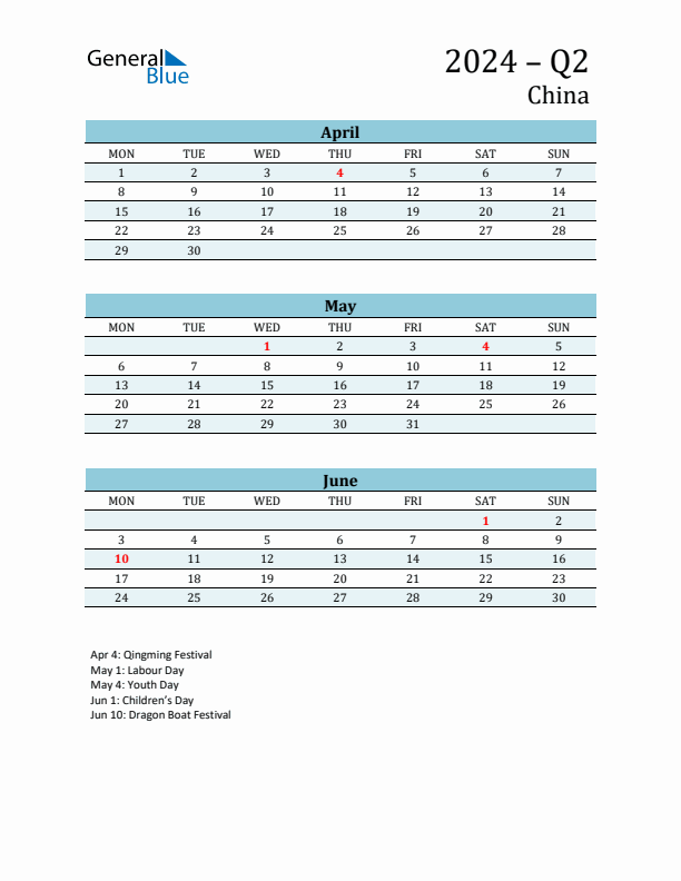 Three-Month Planner for Q2 2024 with Holidays - China