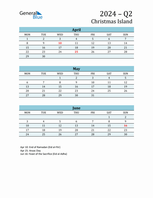 Three-Month Planner for Q2 2024 with Holidays - Christmas Island