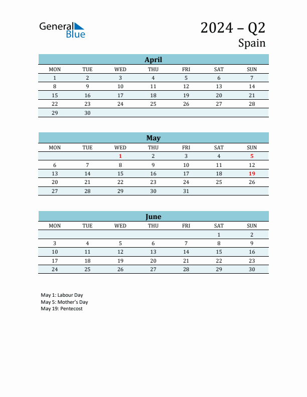 Three-Month Planner for Q2 2024 with Holidays - Spain