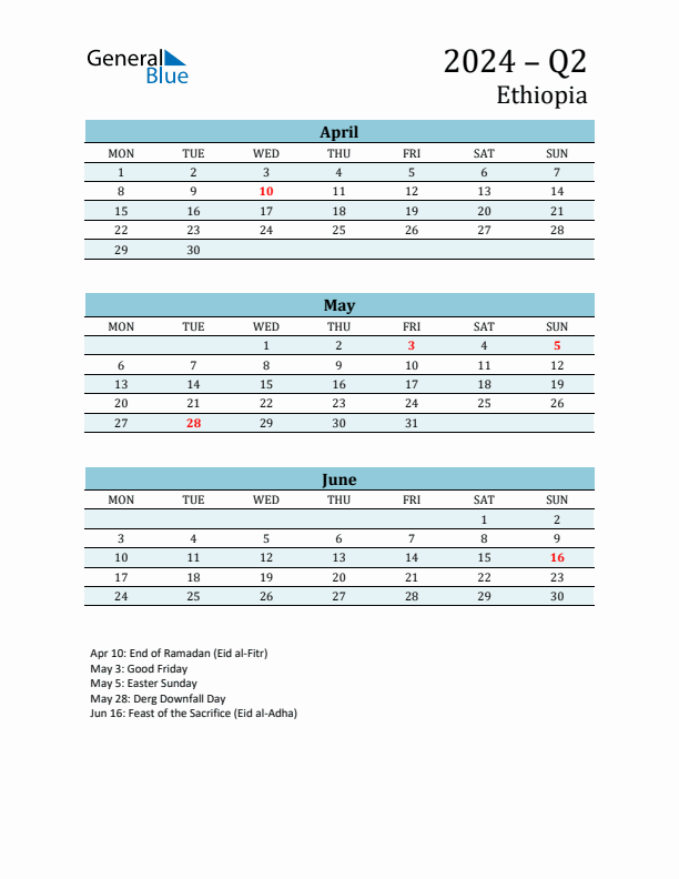 Three-Month Planner for Q2 2024 with Holidays - Ethiopia