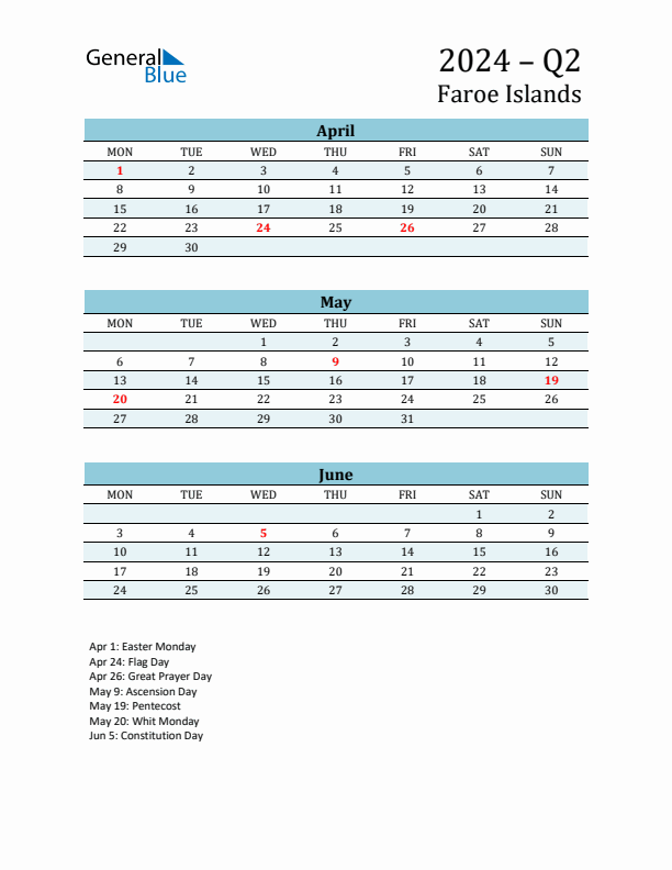 Three-Month Planner for Q2 2024 with Holidays - Faroe Islands