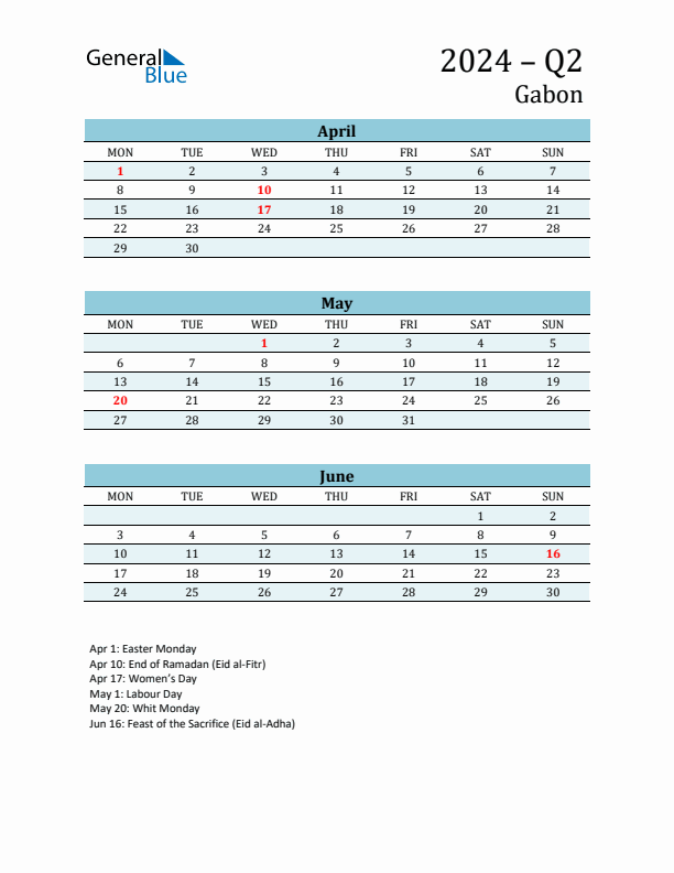 Three-Month Planner for Q2 2024 with Holidays - Gabon