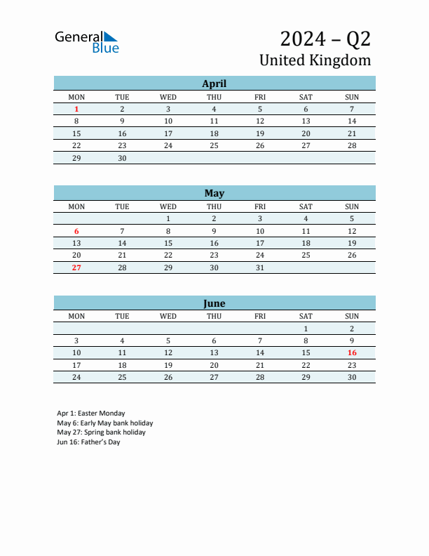 Three-Month Planner for Q2 2024 with Holidays - United Kingdom