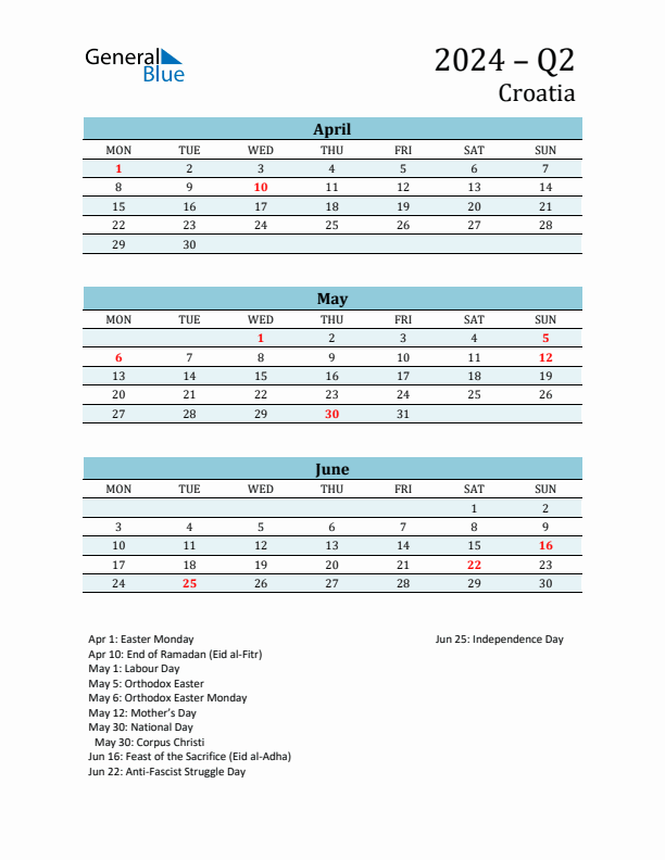 Three-Month Planner for Q2 2024 with Holidays - Croatia