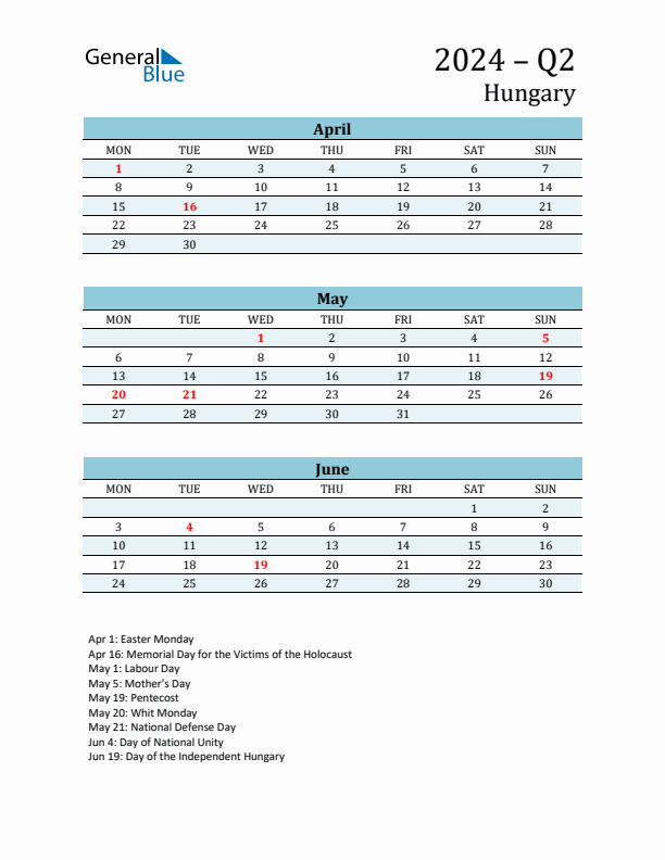 Three-Month Planner for Q2 2024 with Holidays - Hungary