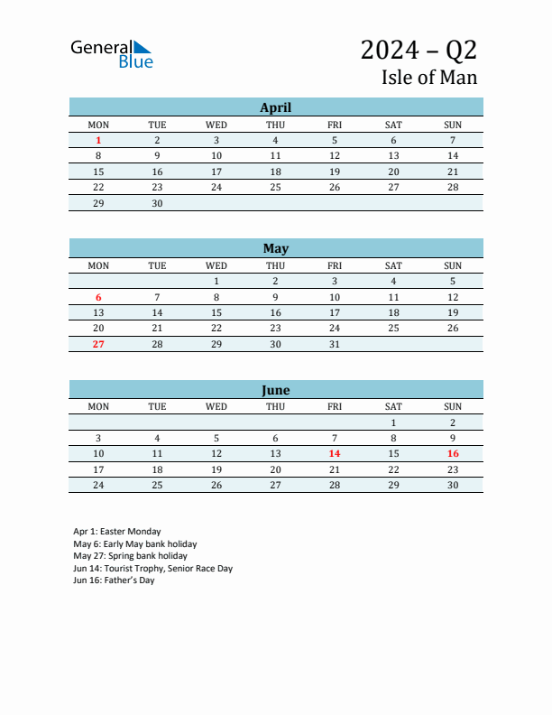 Three-Month Planner for Q2 2024 with Holidays - Isle of Man