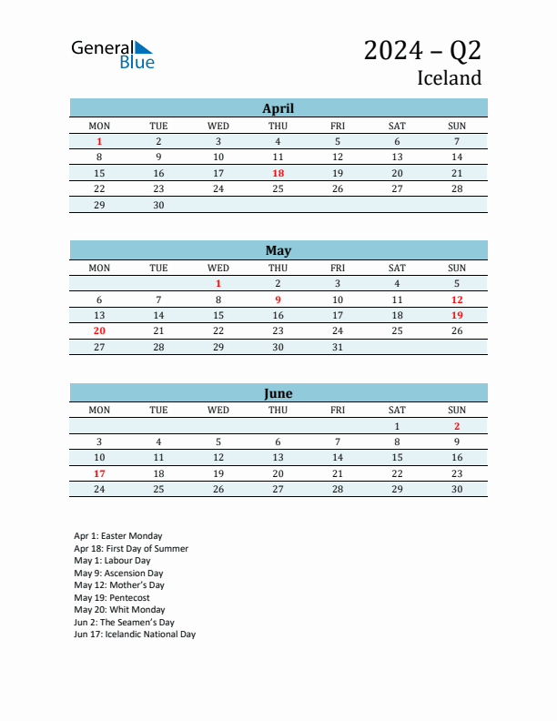 Three-Month Planner for Q2 2024 with Holidays - Iceland