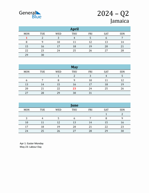 Three-Month Planner for Q2 2024 with Holidays - Jamaica