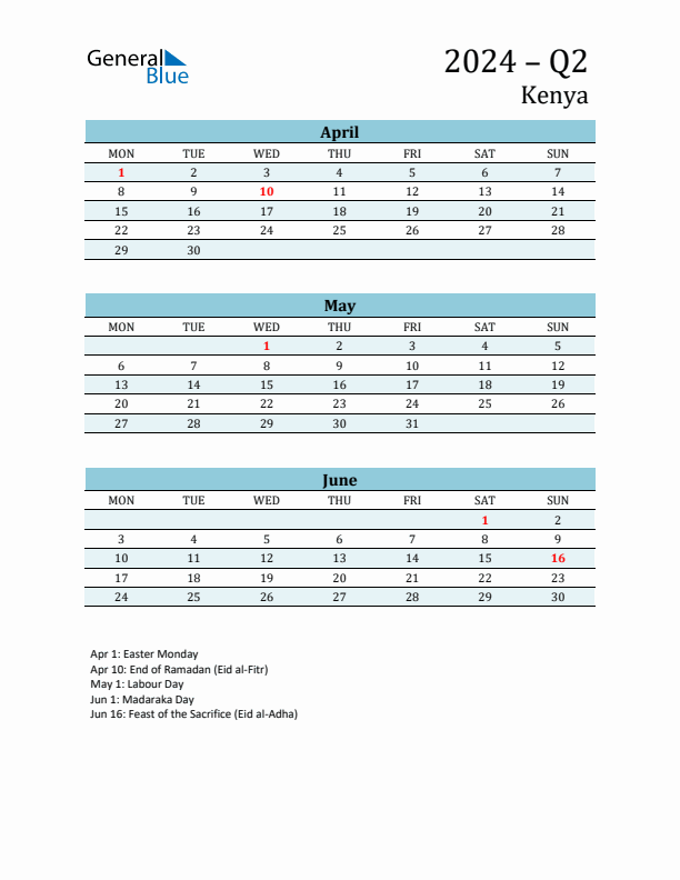 Three-Month Planner for Q2 2024 with Holidays - Kenya