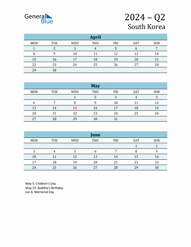 Three-Month Planner for Q2 2024 with Holidays - South Korea