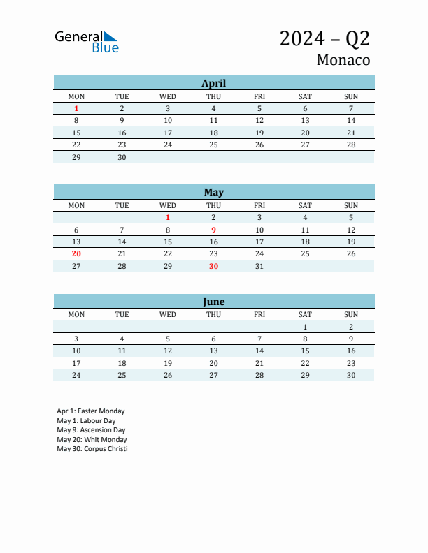 Three-Month Planner for Q2 2024 with Holidays - Monaco