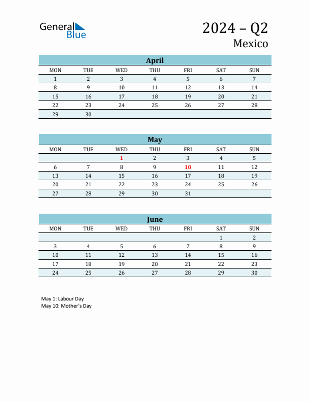 Three-Month Planner for Q2 2024 with Holidays - Mexico