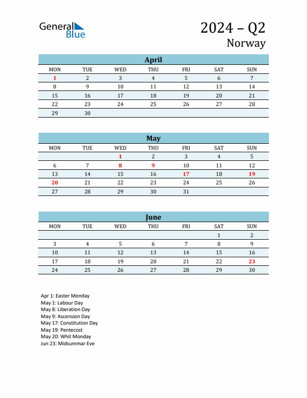 Three-Month Planner for Q2 2024 with Holidays - Norway