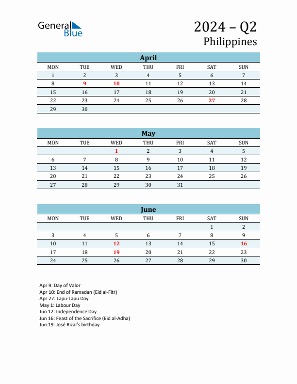 Three-Month Planner for Q2 2024 with Holidays - Philippines